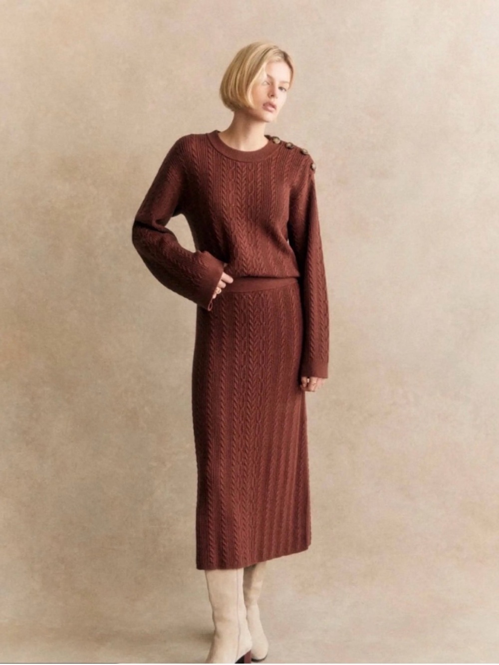Sézane Set “Marilou” Cable Knit Merino Wool Sweater & Skirt — Caramel 🍮✨